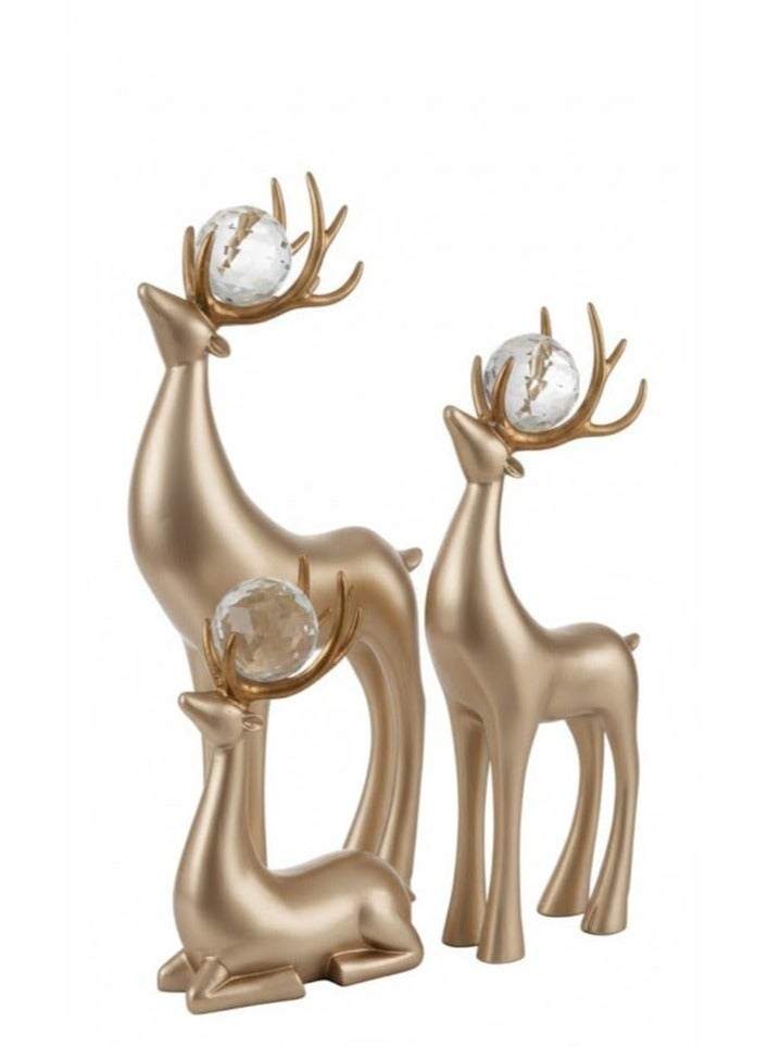 3 Piece Deluxe Champagne Porcelain Deer Statue Decor Set with Gold Antlers and Crystals, Contemporary Style for Home Office - Image 1