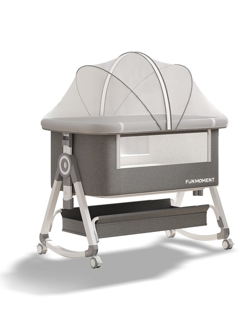 FUN MOMENT Adjustable Height Foldable Bedside Crib with Large Storage Basket and Detachable Mosquito Net - Image 1