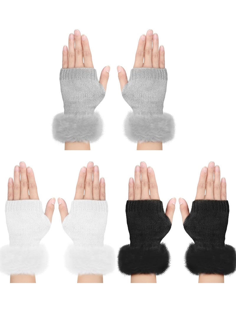 Excefore Faux Fur Fingerless Gloves, 3 Pairs Winter Knit Gloves Warm Fluffy Thumb Hole Mittens Arm Warmers for Women  - Image 1