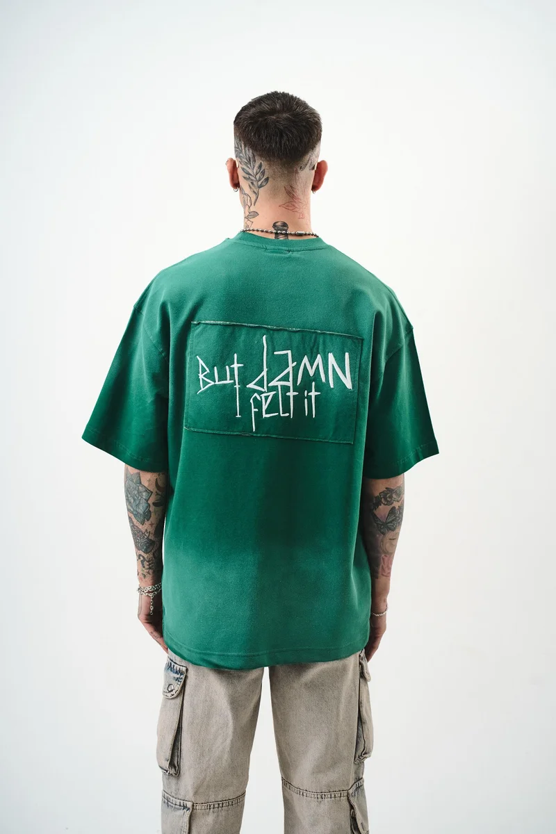 ريسباير تي شيرت رجالي مقاس كبير (Oversize) مطرز بـ "But Damn"، زيتي (نيفتي)