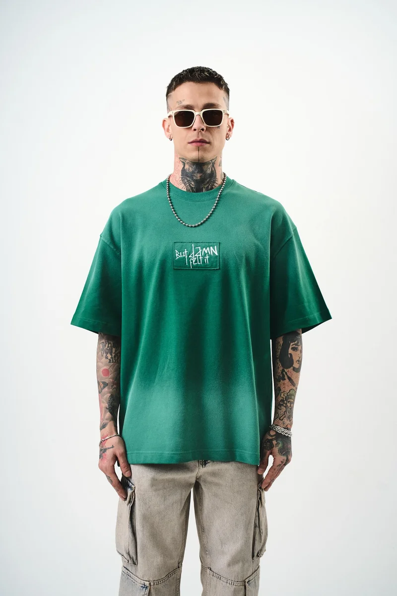 ريسباير تي شيرت رجالي مقاس كبير (Oversize) مطرز بـ "But Damn"، زيتي (نيفتي)