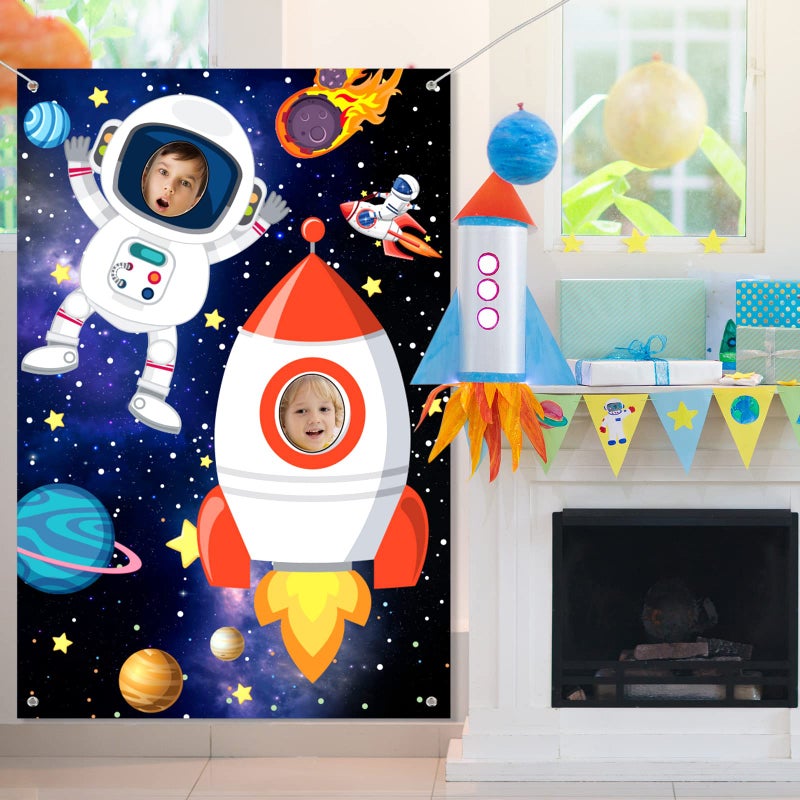 Tatuo Space Theme Party Decorations Backdrop Astronaut Face Rocket Ship Photo Booth Prop Birthday Supplies 59 x 39 In Space Banner VBS Outer Galaxy Planet Starry Photograph Background for Kids - Image 4