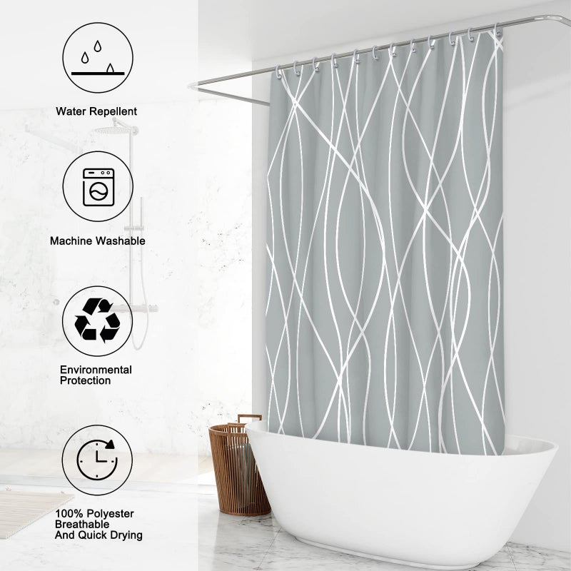 Punkray Light Grey Shower Curtain for Bathroom with Hooks Shower Curtain Set Stripe Bath Curtains Decorative White Shower Curtains Weighted Hem Water Repellent Washable  72x72 - Image 2