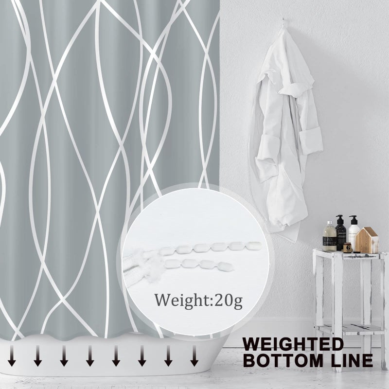 Punkray Light Grey Shower Curtain for Bathroom with Hooks Shower Curtain Set Stripe Bath Curtains Decorative White Shower Curtains Weighted Hem Water Repellent Washable  72x72 - Image 3