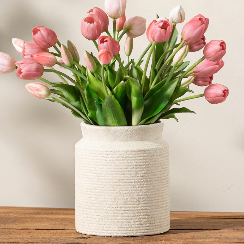 Dobbyby Ceramic Flower Vase 7.5 inch Farmhouse Rustic Vase for Home Decor Handcrafted Pottery Terracotta Vases for Dining Table Decor Fireplace Living Room Bathroom Wedding Centerpiece (M-Off White) - Image 1