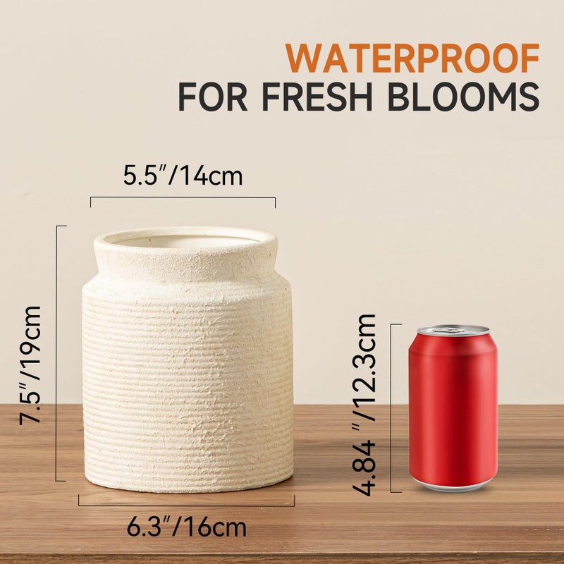 Dobbyby Ceramic Flower Vase 7.5 inch Farmhouse Rustic Vase for Home Decor Handcrafted Pottery Terracotta Vases for Dining Table Decor Fireplace Living Room Bathroom Wedding Centerpiece (M-Off White) - Image 3