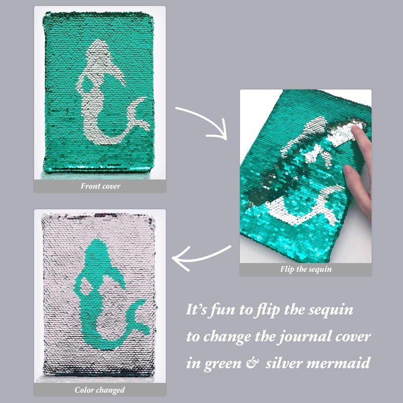 GINMLYDA Sequin Girls Journal for Kids, 8.5x5.5 160 Lined Pages Diary for Girls Mermaid Reversible Flip Sequence Notebook for Teenage Pre School Writing Drawing Travel Gifts (Jellyfish Green-Sliver) - Image 4