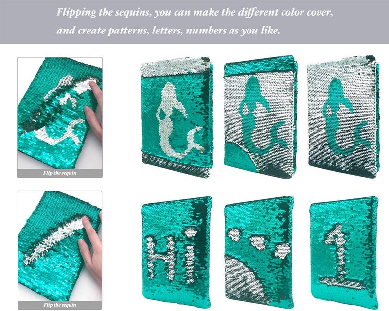 GINMLYDA Sequin Girls Journal for Kids, 8.5x5.5 160 Lined Pages Diary for Girls Mermaid Reversible Flip Sequence Notebook for Teenage Pre School Writing Drawing Travel Gifts (Jellyfish Green-Sliver) - Image 2