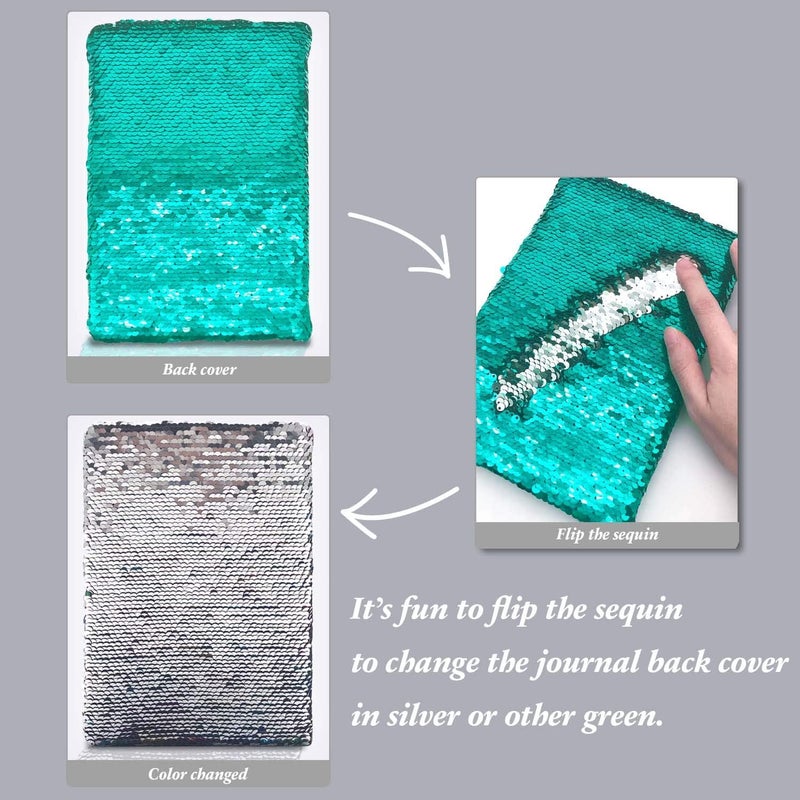 GINMLYDA Sequin Girls Journal for Kids, 8.5x5.5 160 Lined Pages Diary for Girls Mermaid Reversible Flip Sequence Notebook for Teenage Pre School Writing Drawing Travel Gifts (Jellyfish Green-Sliver) - Image 5