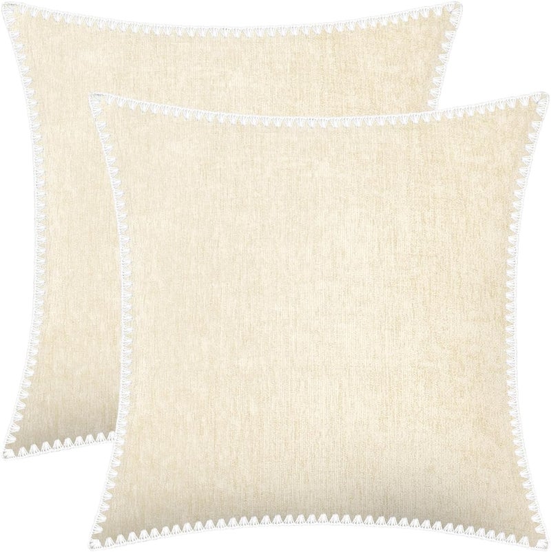 BRAWARM Decorative Pillow Covers 20x20 Inch - Cream Chenille Pillow Covers with Shell Edge, 2 Pack Solid Dyed Soft Chenille Pillow Covers for Sofa Bed - Image 1