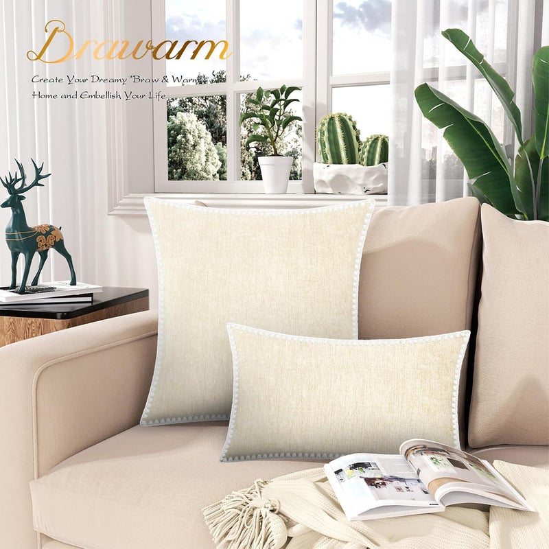 BRAWARM Decorative Pillow Covers 20x20 Inch - Cream Chenille Pillow Covers with Shell Edge, 2 Pack Solid Dyed Soft Chenille Pillow Covers for Sofa Bed - Image 3