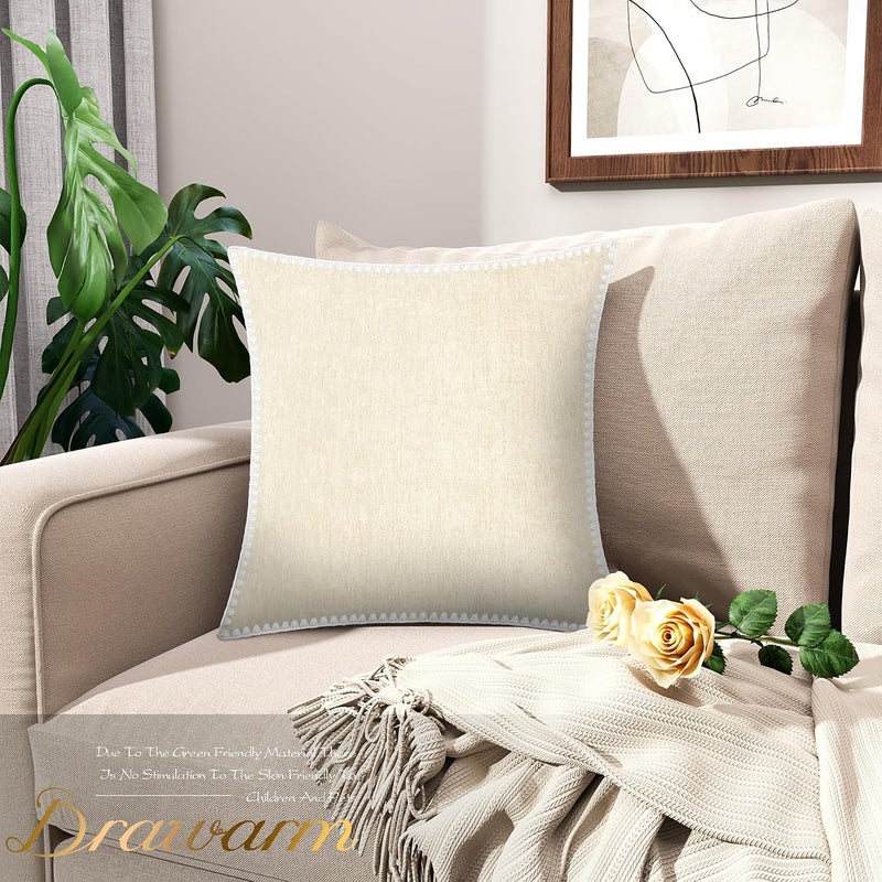 BRAWARM Decorative Pillow Covers 20x20 Inch - Cream Chenille Pillow Covers with Shell Edge, 2 Pack Solid Dyed Soft Chenille Pillow Covers for Sofa Bed - Image 2