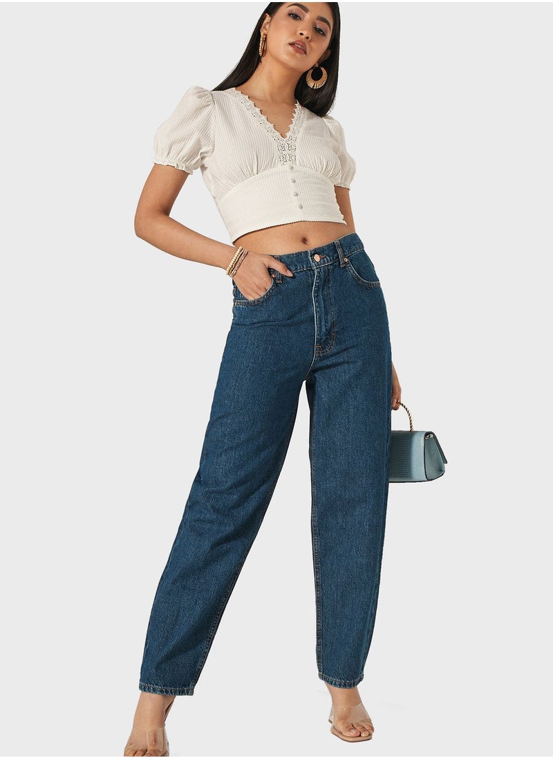 Lee Cooper - Puff Sleeve Lace Detail Crop Top - Image 1