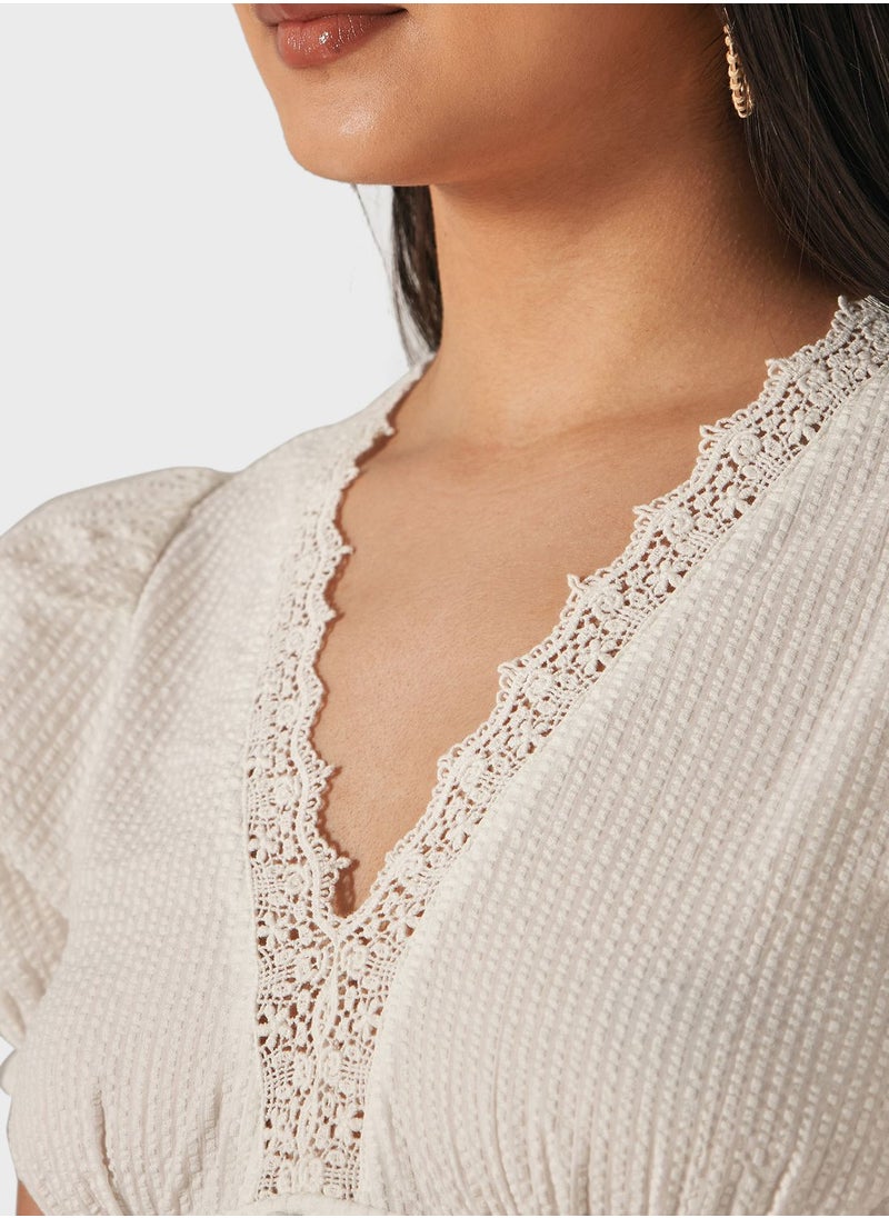 Lee Cooper - Puff Sleeve Lace Detail Crop Top - Image 1