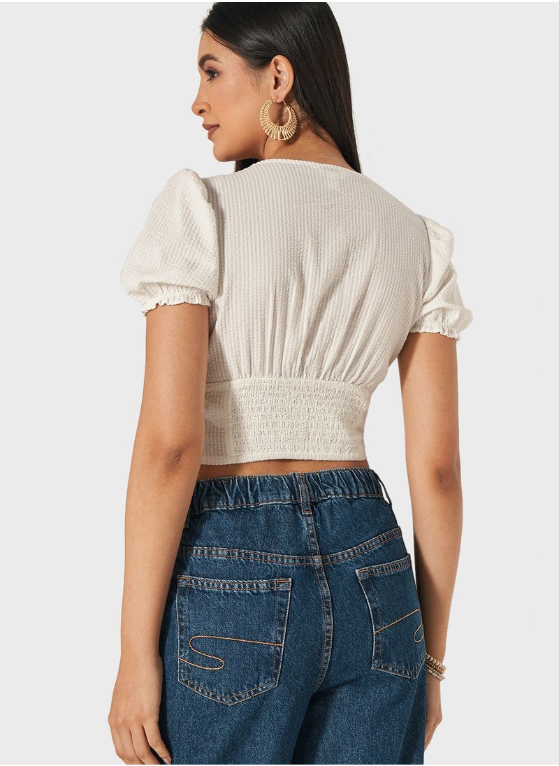 Lee Cooper - Puff Sleeve Lace Detail Crop Top - Image 1