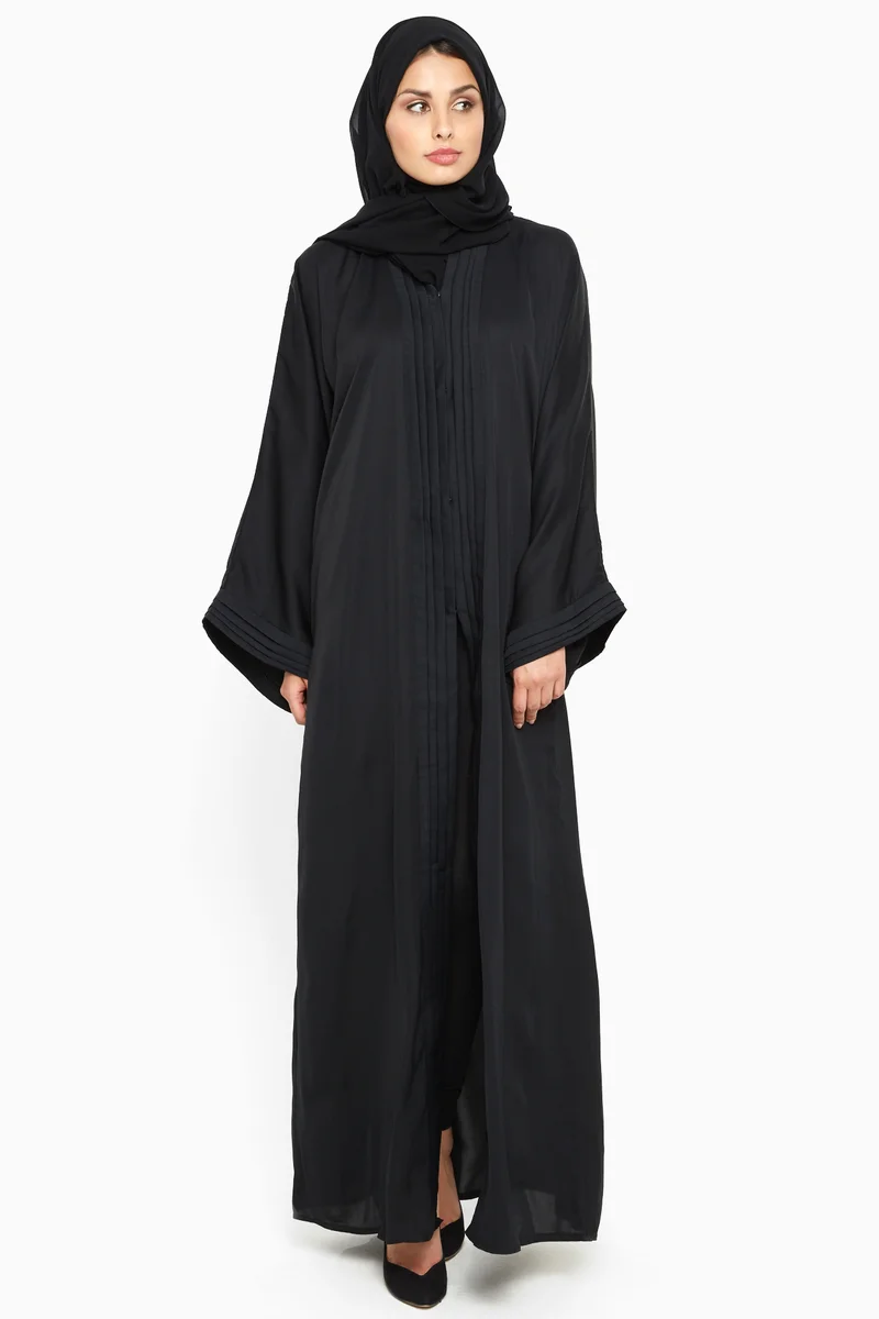 النخبة A simple abaya with stitched pleats by sleeves and closure -AJ574A