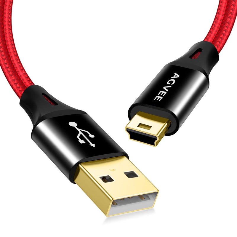 AGVEE 2 Pack 6.6ft Mini USB Cable, Braided Durable USB-A to Mini-B Charger Charging Cord for TI-84, Garmin GPS, Go-Pro Hero 4 3 2 HD, PS3 Controller, Canon Camera, Blue Yeti Microphone, Red - Image 1