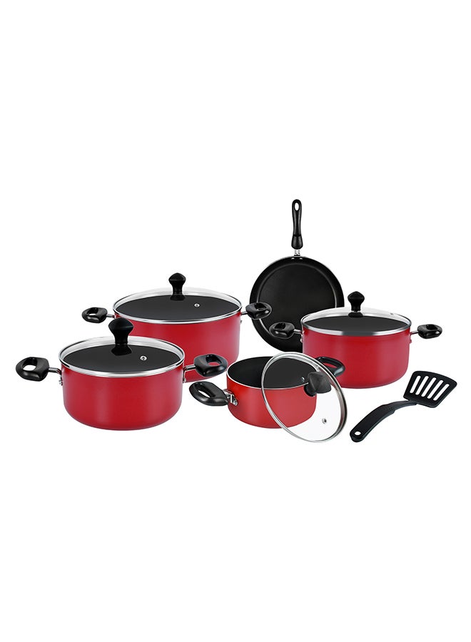 Prestige 10-Piece Classique Pro Aluminium Non Stick Interior Durable & Light Weight Cookware Set Includes 4x Casserole 1x16 cm, 1x20 cm, 1x24 cm 1x28 cm ,4xGlass Lid,1xFry Pan 1x24 cm,1xSpatula Red 24cm - Image 1