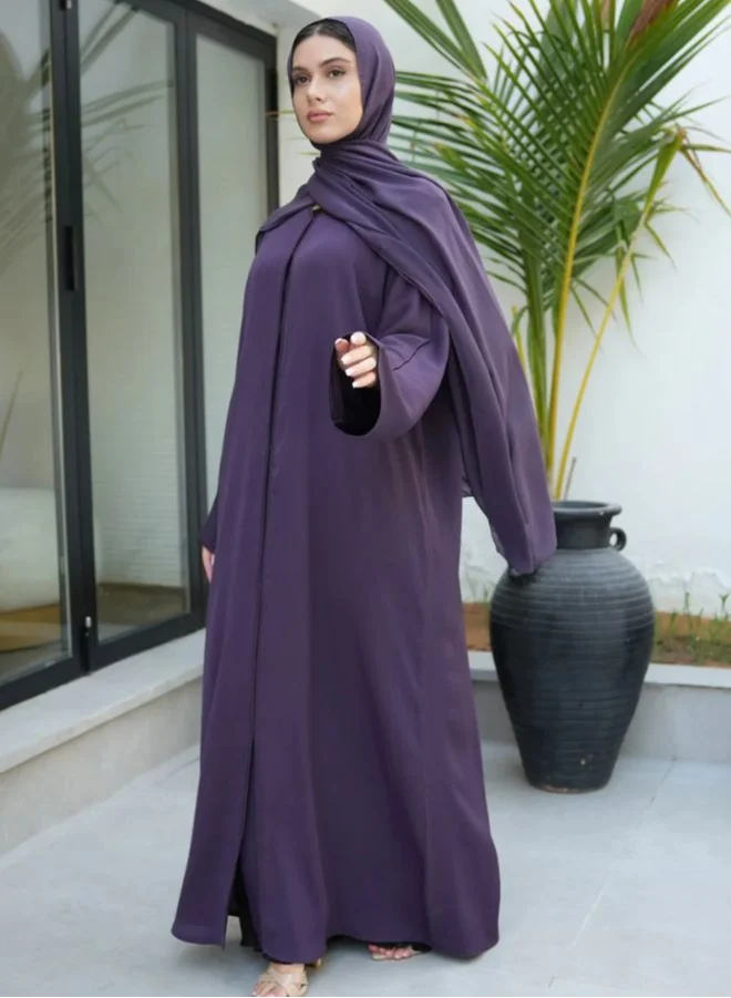 Wear Mumtaz Premium Textured Front Open Abaya With Buttons - Purple