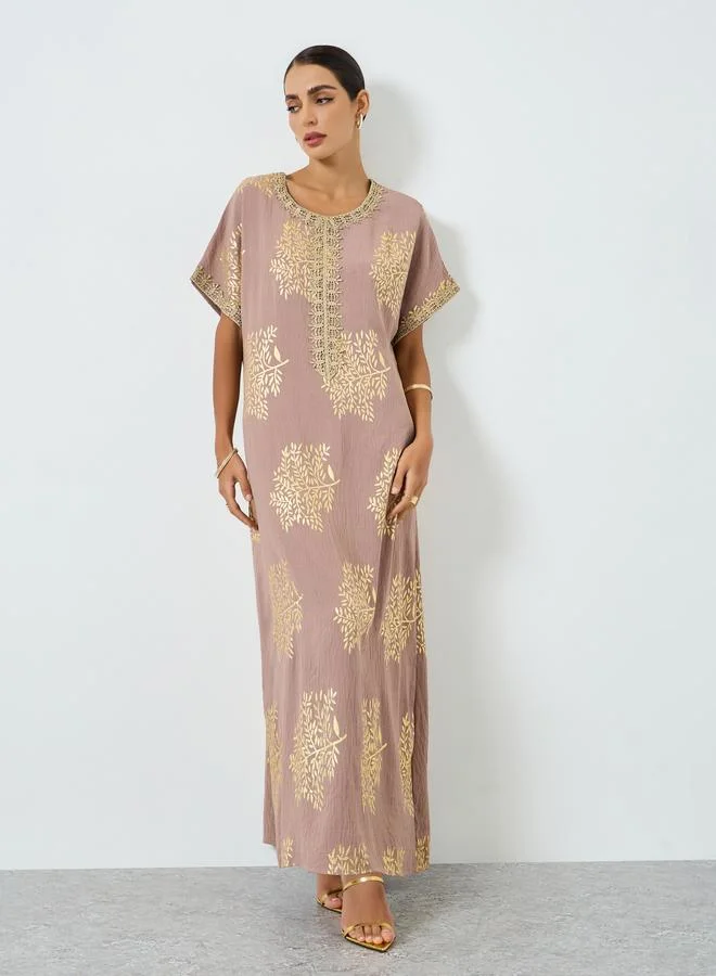 Take Two Multi Women Tree Printed Golden Trim Patch Jalabiya for Women | Best Price UAE