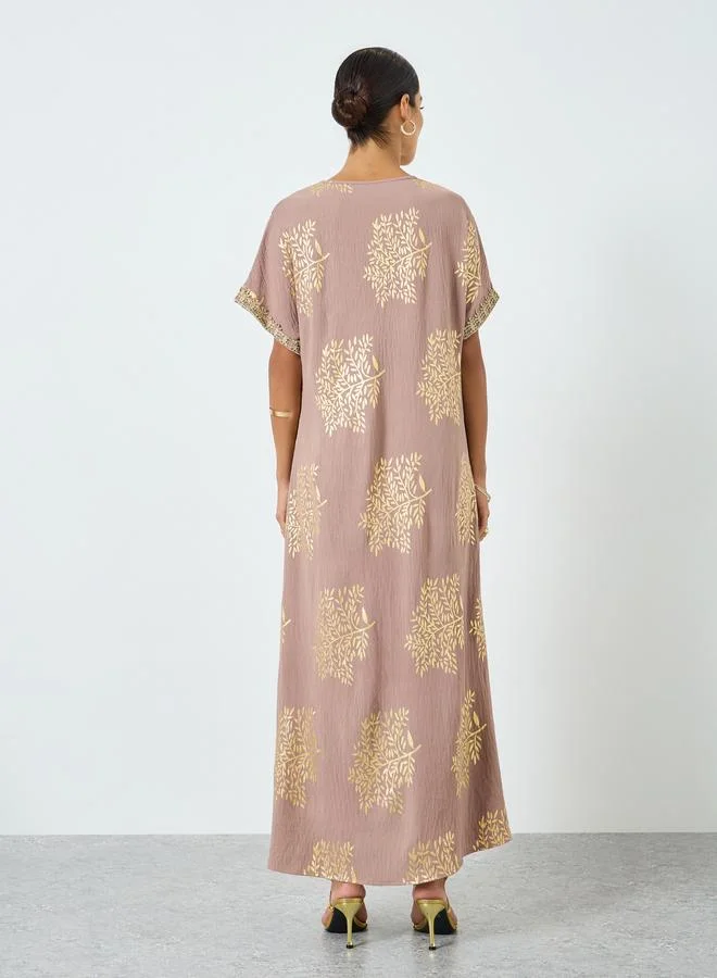 Take Two Multi Women Tree Printed Golden Trim Patch Jalabiya for Women | Best Price UAE