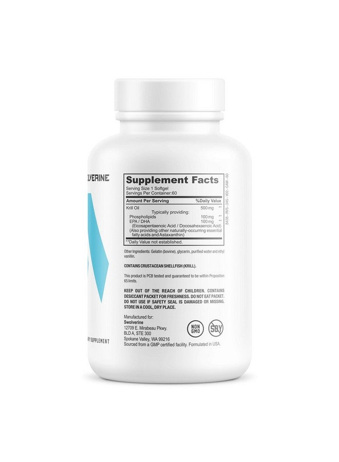 سولفرين زيت الكريل من Swolverine | 500 ملغ من زيت الكريل والأستازانتين، وأحماض أوميجا 3، وحمض إيكوسابنتينويك وحمض الدوكوساهيكسانويك، سريع الامتصاص، لتخفيف آلام المفاصل، وصحة القلب (60 وجبة) - Image 2