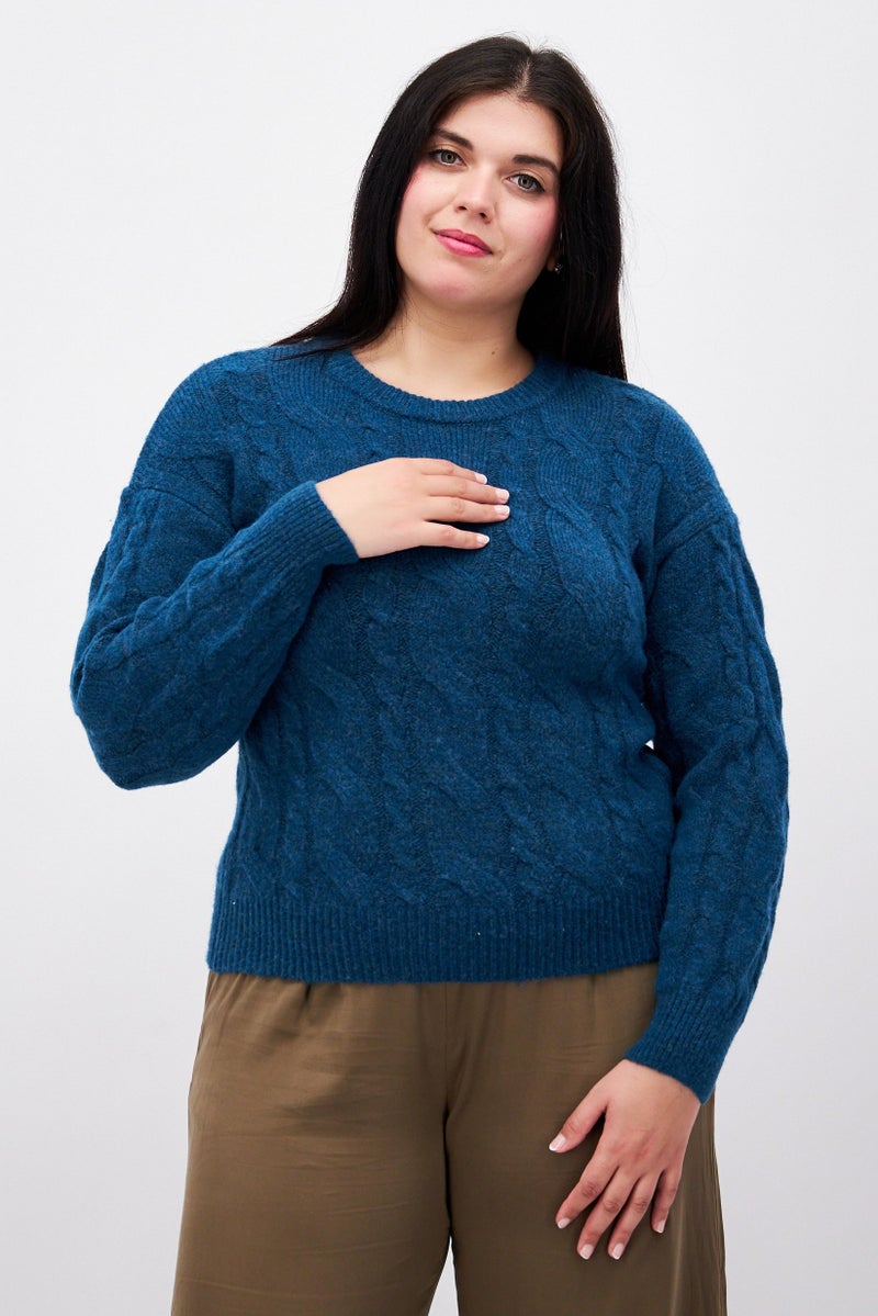 Fire & Glory Women Round Neck Knitted Sweater, Teal Green - Image 1