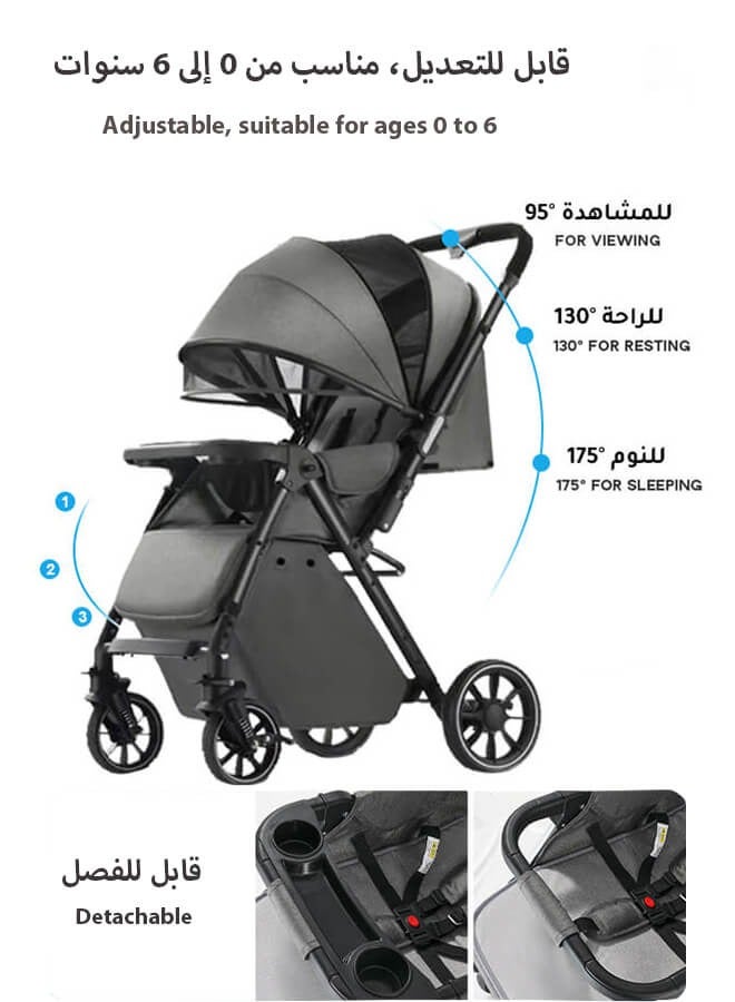 Aurlar Luxury Two-Way Baby Stroller High-View – Reversible Handle, One-Touch Fold, Washable Bassinet, UPF 50+ Sun Canopy, Mosquito Net, Snack Tray, Cup Holder, Lightweight & Compact, 60KG Load – Grey - Image 2