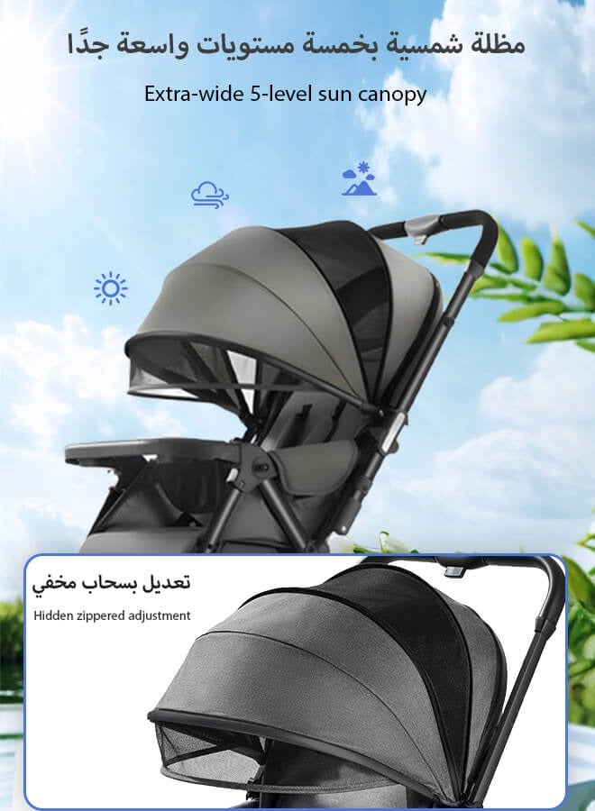 Aurlar Luxury Two-Way Baby Stroller High-View – Reversible Handle, One-Touch Fold, Washable Bassinet, UPF 50+ Sun Canopy, Mosquito Net, Snack Tray, Cup Holder, Lightweight & Compact, 60KG Load – Grey - Image 4