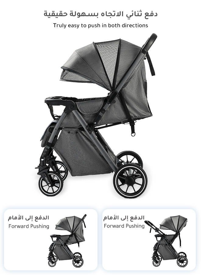 Aurlar Luxury Two-Way Baby Stroller High-View – Reversible Handle, One-Touch Fold, Washable Bassinet, UPF 50+ Sun Canopy, Mosquito Net, Snack Tray, Cup Holder, Lightweight & Compact, 60KG Load – Grey - Image 5