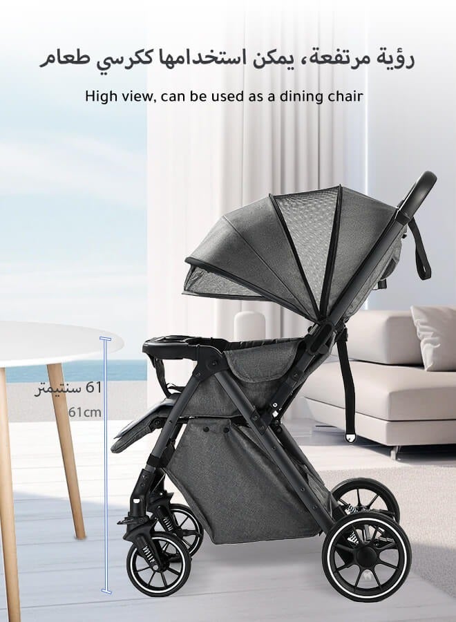Aurlar Luxury Two-Way Baby Stroller High-View – Reversible Handle, One-Touch Fold, Washable Bassinet, UPF 50+ Sun Canopy, Mosquito Net, Snack Tray, Cup Holder, Lightweight & Compact, 60KG Load – Grey - Image 3