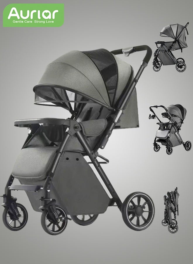 Aurlar Luxury Two-Way Baby Stroller High-View – Reversible Handle, One-Touch Fold, Washable Bassinet, UPF 50+ Sun Canopy, Mosquito Net, Snack Tray, Cup Holder, Lightweight & Compact, 60KG Load – Grey - Image 1