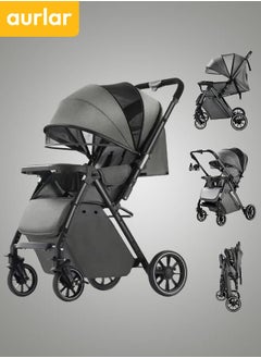 Aurlar Luxury Two-Way High-View Baby Stroller, Switchable Handle + Quick Fold, Washable Bassinet, UPF 50+ Canopy, Mosquito Net, Cup Holder & Tray, Leather Handle & Wrist Strap, 0–4 Years, 60KG Load – Grey  - Image 1