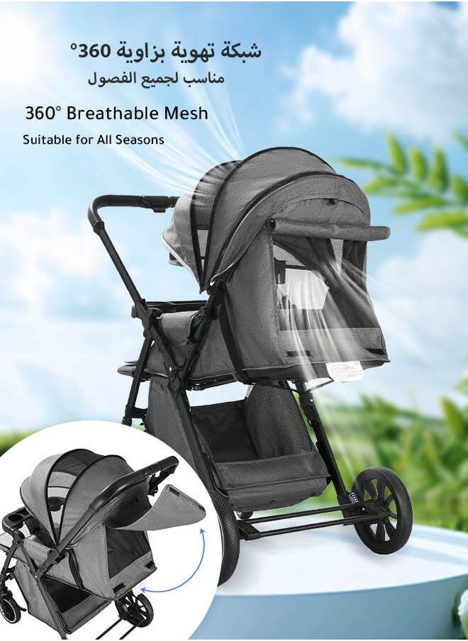 Aurlar - Luxury Two-Way Baby Stroller High-View – Reversible Handle, One-Touch Fold, Washable Bassinet, UPF 50+ Sun Canopy, Mosquito Net, Snack Tray, Cup Holder, Lightweight & Compact, 60KG Load – Grey - Image 1