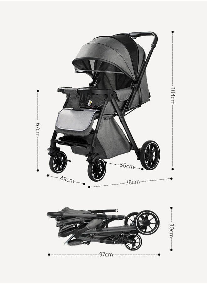 Aurlar - Luxury Two-Way Baby Stroller High-View – Reversible Handle, One-Touch Fold, Washable Bassinet, UPF 50+ Sun Canopy, Mosquito Net, Snack Tray, Cup Holder, Lightweight & Compact, 60KG Load – Grey - Image 1