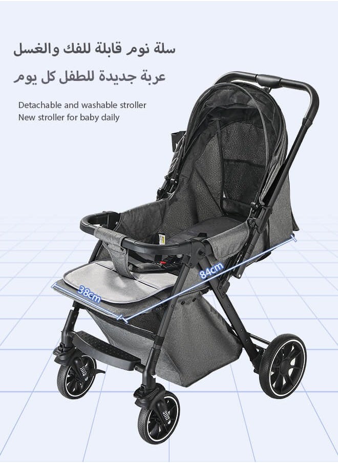 Aurlar - Luxury Two-Way Baby Stroller High-View – Reversible Handle, One-Touch Fold, Washable Bassinet, UPF 50+ Sun Canopy, Mosquito Net, Snack Tray, Cup Holder, Lightweight & Compact, 60KG Load – Grey - Image 1