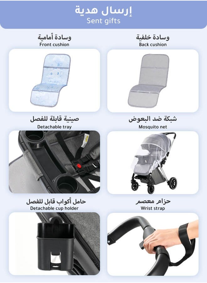 Aurlar - Luxury Two-Way Baby Stroller High-View – Reversible Handle, One-Touch Fold, Washable Bassinet, UPF 50+ Sun Canopy, Mosquito Net, Snack Tray, Cup Holder, Lightweight & Compact, 60KG Load – Grey - Image 1