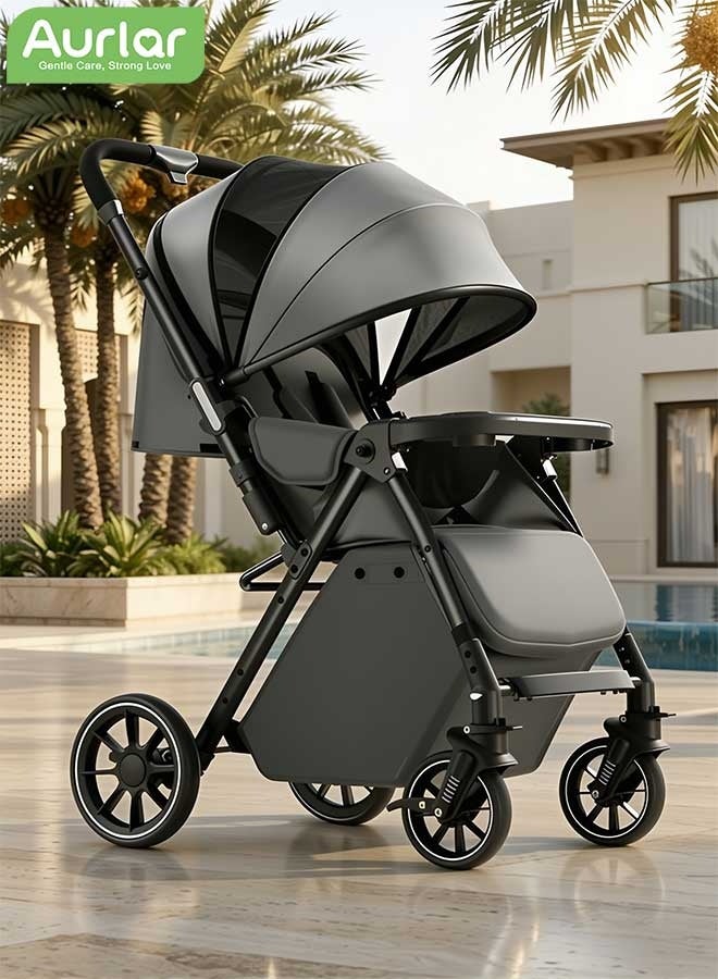 Aurlar Luxury Two-Way Baby Stroller High-View – Reversible Handle, One-Touch Fold, Washable Bassinet, UPF 50+ Sun Canopy, Mosquito Net, Snack Tray, Cup Holder, Lightweight & Compact, 60KG Load – Grey - Image 1