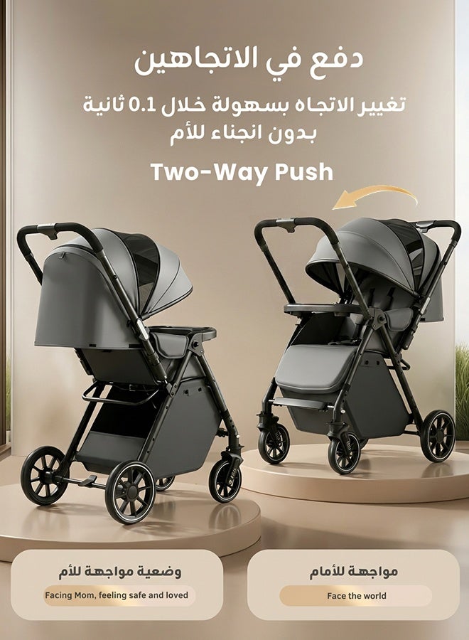 Aurlar Luxury Two-Way Baby Stroller High-View – Reversible Handle, One-Touch Fold, Washable Bassinet, UPF 50+ Sun Canopy, Mosquito Net, Snack Tray, Cup Holder, Lightweight & Compact, 60KG Load – Grey - Image 2