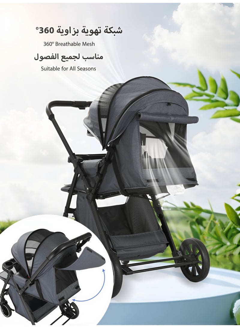 Aurlar Luxury Two-Way Baby Stroller High-View – Reversible Handle, One-Touch Fold, Washable Bassinet, UPF 50+ Sun Canopy, Mosquito Net, Snack Tray, Cup Holder, Lightweight & Compact, 60KG Load – Grey - Image 4