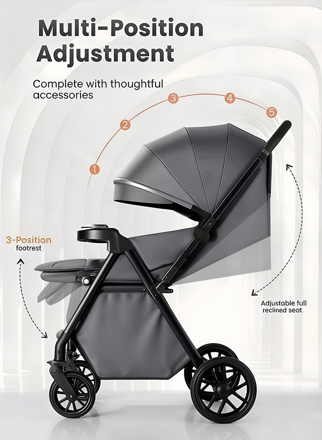 Aurlar Luxury Two-Way Baby Stroller High-View – Reversible Handle, One-Touch Fold, Washable Bassinet, UPF 50+ Sun Canopy, Mosquito Net, Snack Tray, Cup Holder, Lightweight & Compact, 60KG Load – Grey - Image 5