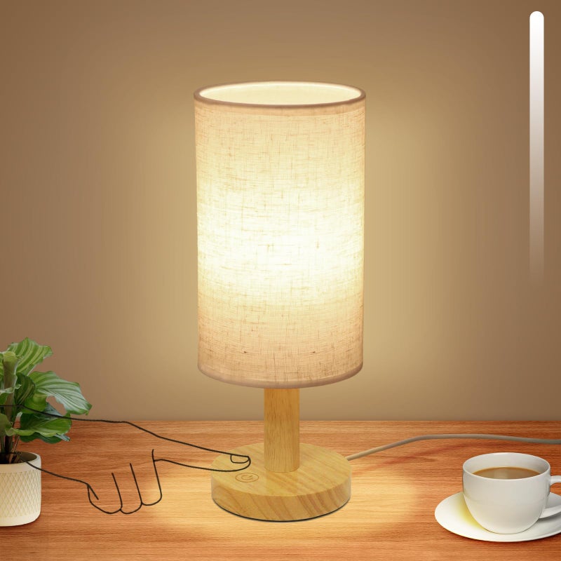 UCHENTON Small Touch Table Lamp with Stepless Dimming&USB Plug,Natural Round Wood Base&Linen Fabric Shade |Soft Ambient Warm Night Light|Minimalist Boho Bedside Lamp for Bedroom,Nightstand,Nursery,Kitchen,Dorm - Image 1