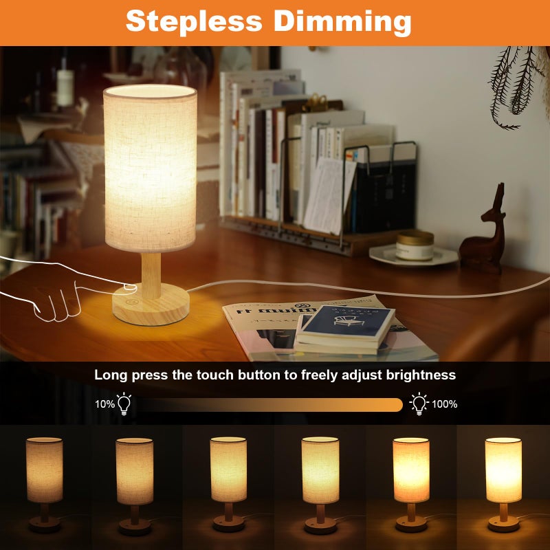 UCHENTON Small Touch Table Lamp with Stepless Dimming&USB Plug,Natural Round Wood Base&Linen Fabric Shade |Soft Ambient Warm Night Light|Minimalist Boho Bedside Lamp for Bedroom,Nightstand,Nursery,Kitchen,Dorm - Image 2
