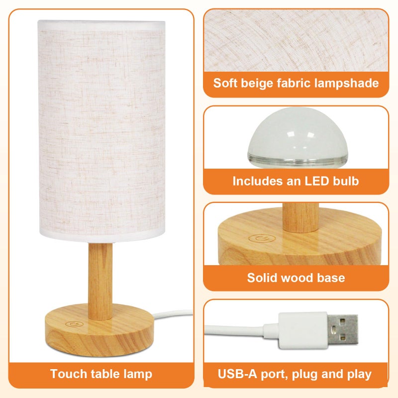 UCHENTON Small Touch Table Lamp with Stepless Dimming&USB Plug,Natural Round Wood Base&Linen Fabric Shade |Soft Ambient Warm Night Light|Minimalist Boho Bedside Lamp for Bedroom,Nightstand,Nursery,Kitchen,Dorm - Image 5