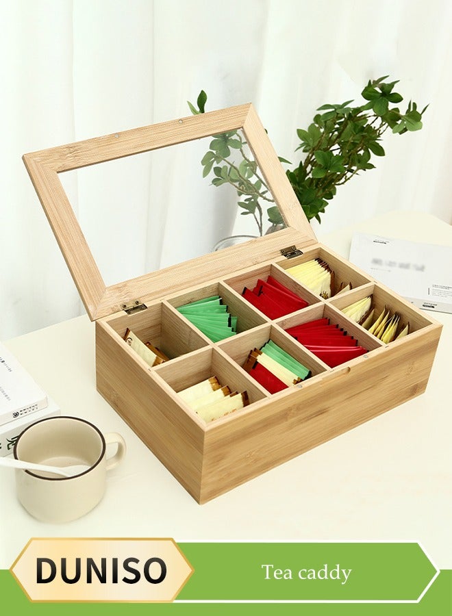 DUNISO Tea Bag Organizer Storage Box, wooden tea bag storage box, flip top tea bag rack with eight compartments, food storage container, suitable for home, restaurant, and office use, 32 * 20 * 10.5cm - Image 1
