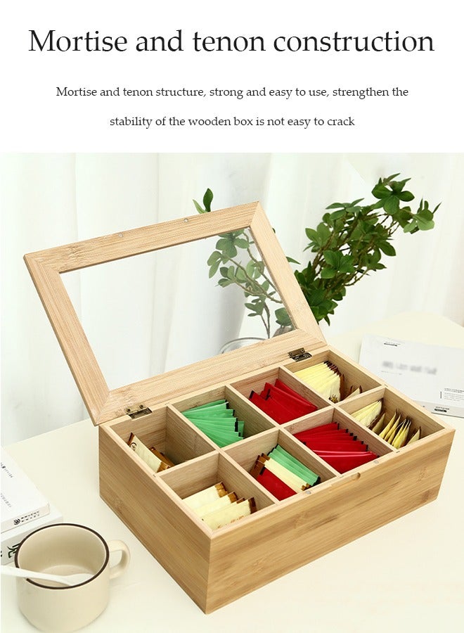 DUNISO Tea Bag Organizer Storage Box, wooden tea bag storage box, flip top tea bag rack with eight compartments, food storage container, suitable for home, restaurant, and office use, 32 * 20 * 10.5cm - Image 3