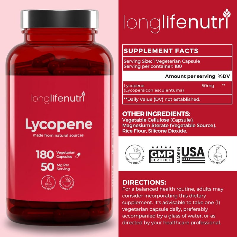 LongLifeNutri Lycopene 50mg 180 Vegetarian Capsules  Supplement Health  Natural Tomato Extract NonGMO  Pure Powder - Image 2