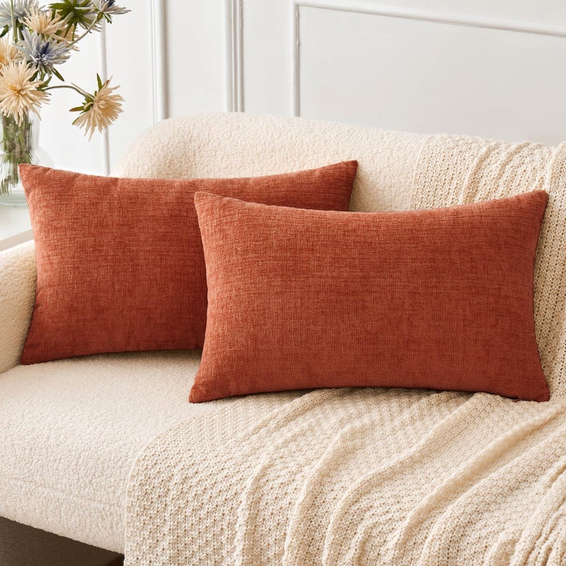 MIULEE Pack of 2 Burnt Orange Throw Pillow Covers 12x20 Inch Soft Chenille Pillow Covers for Sofa Living Room Couch Solid Dyed Cases - Image 1