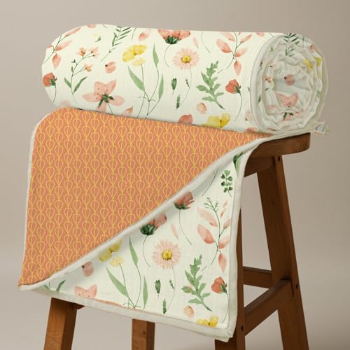 Urban Space 100% Cotton Malmal Double Bed Dohar, All Season Reversible Blanket, Soft, Lightweight and Breathable Ac Dohar/Quilt/Blanket/for Bed, Sofa AC Blanket (86 x 95 inch, Meadows Buttercream) - Image 1