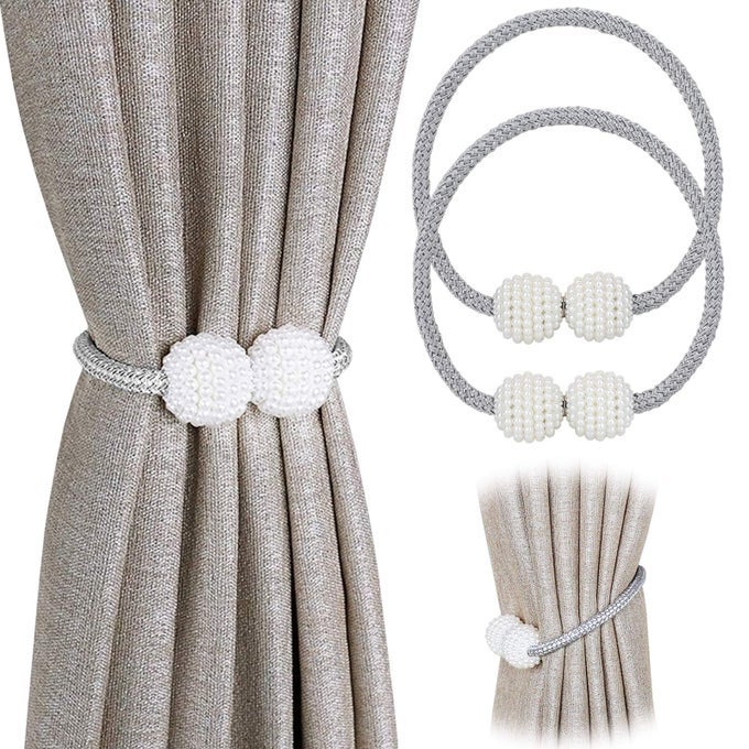 2 PACK MAGNETIC CURTAIN TIEBACKS CONVENIENT DRAPE TIE BACKSPEARL DECORATIVE ROPE HOLDBACK HOLDER FOR SMALL THIN OR SHEER WINDOW DRAPRIES GRAY